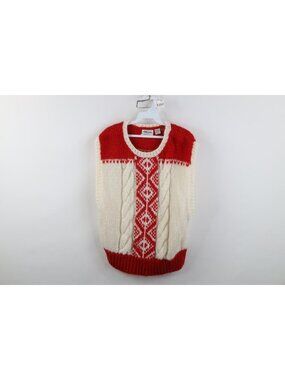 Vintage 80s 90s Sweater Vest Womens Size M Fair Isle Chunky Cable Hand Knit